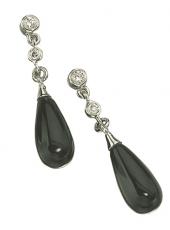 White Gold. Black Agate & Diamond Drop Earrings