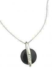 White Gold. Black Agate & Diamond Disc Pendant Necklace
