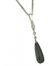 White Gold. Black Agate & Diamond Drop Pendant Necklace